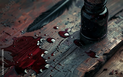 inkwell filled with dark red ink, and a quill pen resting beside it. The ink, resembling blood, has dripped onto the wooden desk, creating small pools and stains.