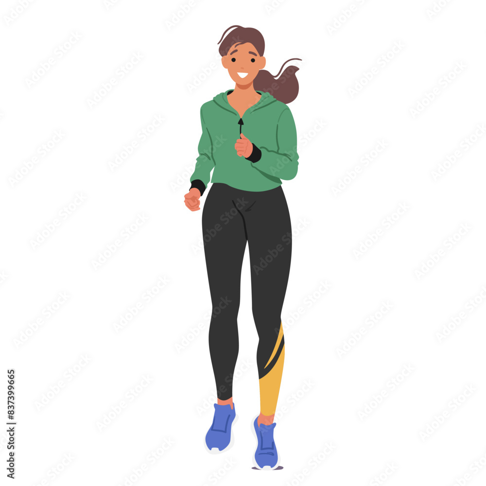 Young, Active Woman Jogging, Exudes A Sense Of Motion And Healthy Lifestyle, Front View. Concept Of Fitness And Wellness Young, Active Woman Jogging, Exudes A Sense Of Motion And Healthy Lifestyle, Front View. Concept Of Fitness And Wellness