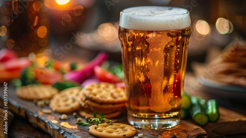 A glass of beer and crackers on a wooden tray  AI