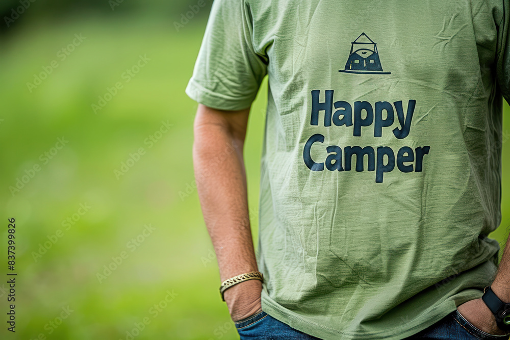 Naklejka premium Happy Camper Shirt on Person in Green Outdoors