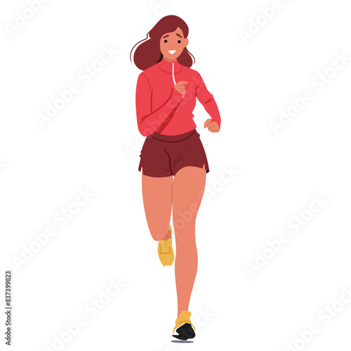 Front View Of Young Woman Jogging. Female Character Dressed In Long-sleeve Top And Brown Shorts, With A Friendly Smile