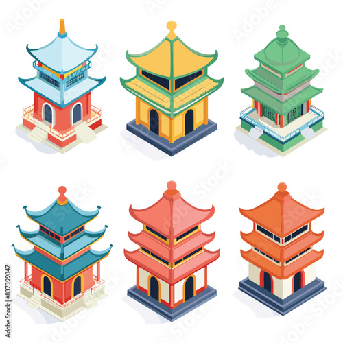 Isometric traditional Asian pagodas collection, various colors roofs, oriental architecture isolated. Set Chinese Japanese temples, multistory towers, cultural buildings, isometric design