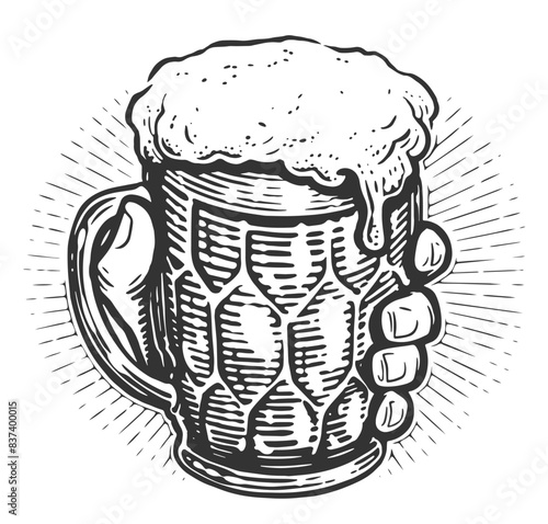 Glass mug of foamy beer in hand. Pub, brewery emblem. Vector illustration drawn in sketchy vintage style