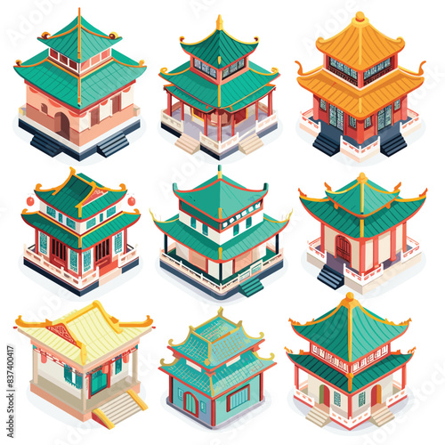 Set traditional Chinese buildings isometric style. Illustration features detailed pagoda architecture multiple roofs, colorful facades oriental design elements. Various sizes designs Asian