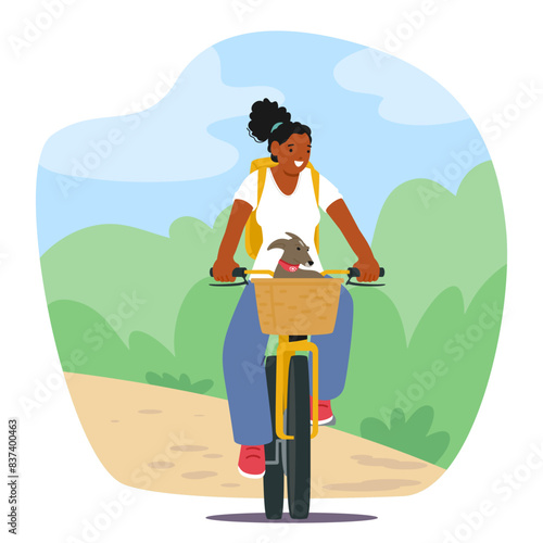 Young African American Woman Enjoying A Bike Ride With Her Dog Sits In The Front Basket, Vector Illustration