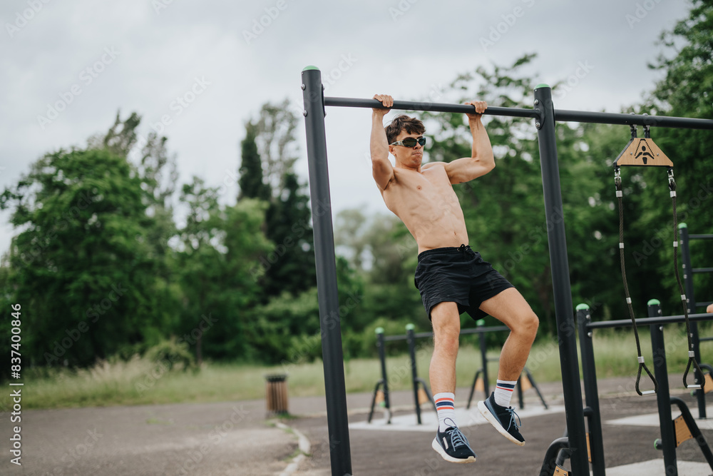 Fototapeta premium Shirtless young man performing pull-ups on metal parallel bars in an outdoor park setting, showcasing fitness and strength.