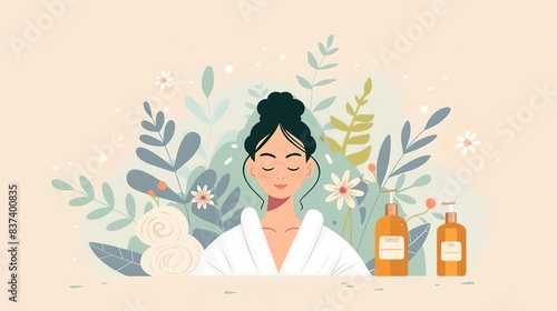 Rejuvenating spa day, with illustrations of a person enjoying a spa day with skincare treatments like facials and massages. Distinctiveness of lifestyle beauty and fashion concept.