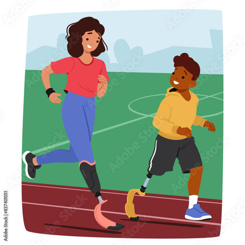 Two Young Kid Athletes With Prosthetics Legs Actively Engaged In A Running Session On A Sports Track, Vector Concept