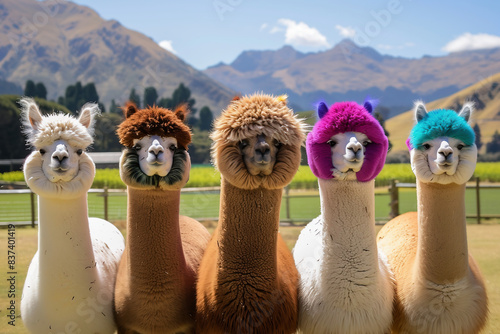  funny alpacas with different hair colours in front of the mountains and green pastures. A photorealistic photograph
