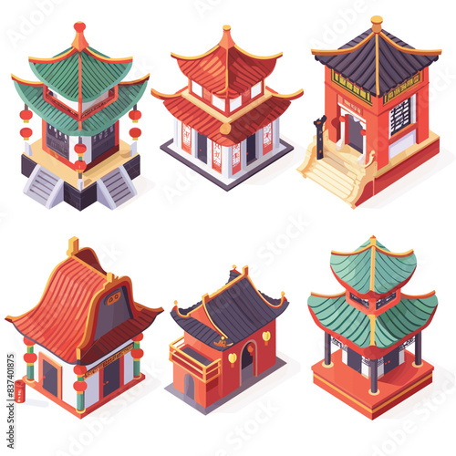 Traditional Asian architecture collection isometric illustration. Chinese temples pavilions pagodas cultural buildings vibrant colors. Oriental structures lanterns detailed artwork cultural heritage