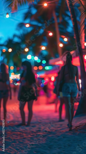 Beach at night ith neon lights. blurred vie of people. AI generated illustration