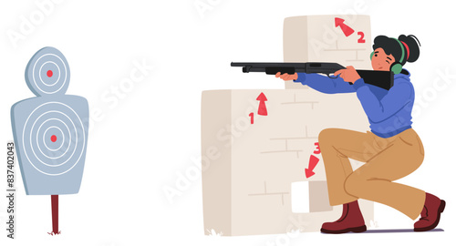 Female Shooter In A Kneeling Position, Aiming A Rifle At A Target At A Shooting Range. She Wears Protective Headphones