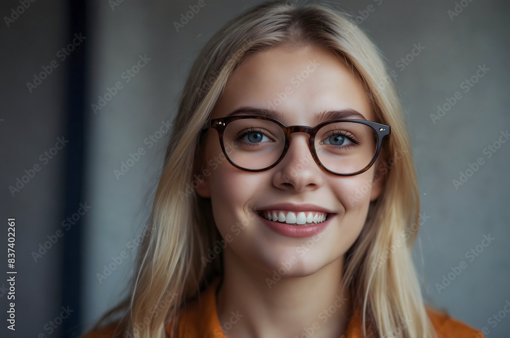 A European girl about 18 years old, blonde in modern glasses to improve her eyesight. Smiling A European girl about 18 years old, blonde in modern glasses to improve her eyesight. Smiling