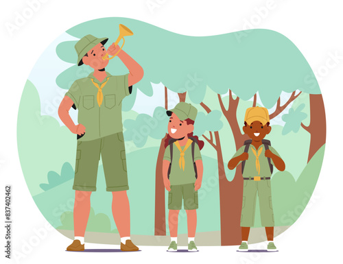 Scout Leader Blowing A Bugle, Standing Alongside Two Young Scouts In A Lush Forest. Children, Dressed In Scout Uniforms