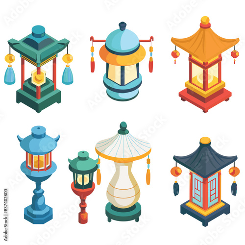 Collection colorful Asian lanterns isometric design. Chinese lanterns tassels festival lights oriental decorations. Isolated white background vector illustration traditional Asian lanterns