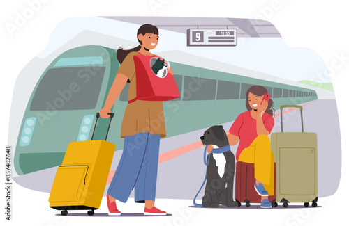 Family On Train Station Platform, Traveling With Pets. Vector Scene Shows A Woman With A Cat In Her Carrier And A Girl