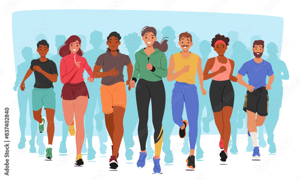 Obraz premium Diverse Characters Jogging Happily Front View. Concept Of Fitness, Health, And The Joy Of Sharing Physical Activities