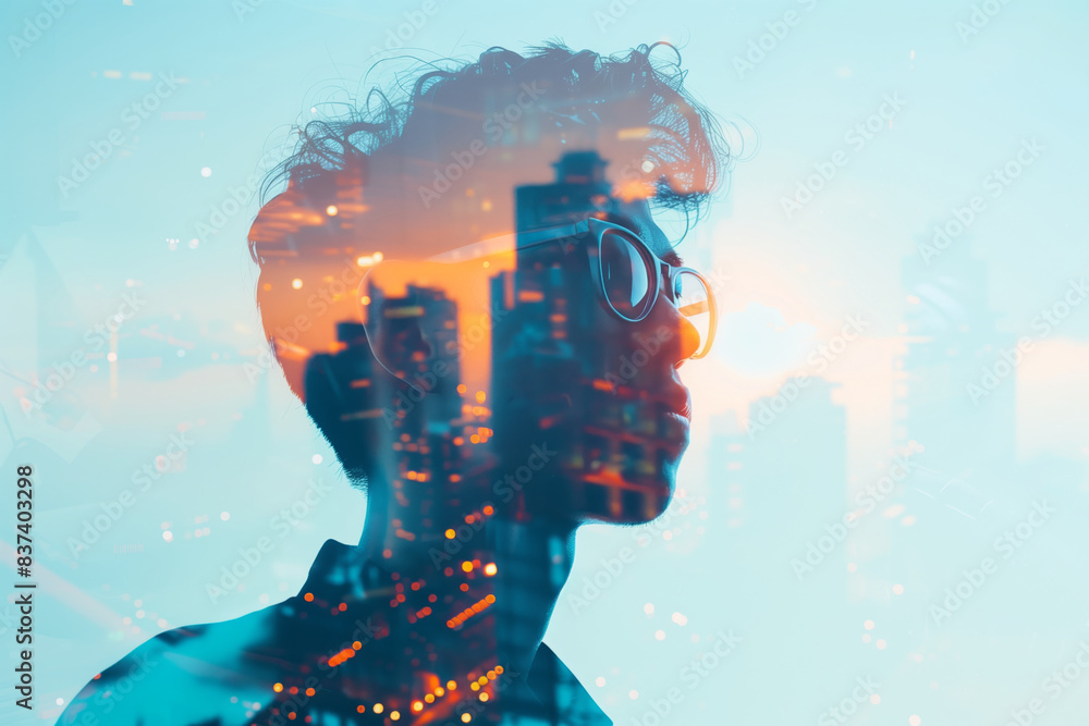 Double exposure of businessman and cityscape