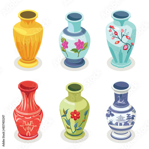 Six colorful ceramic vases various designs shapes. Decorative vases, floral patterns, traditional styles isolated. Artistic vases, collection bright cartoon ceramics home decor