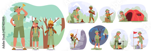 Group Of Scout Kids Engaging In Various Outdoor Activities, Scouting And Exploring Nature, Setting Up A Tent And Hiking