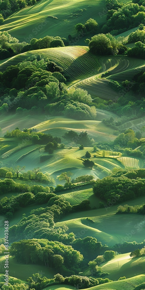 11 Bird's-eye view, rolling hills, patchwork farmland, sunrise, morning mist, breathtaking scenery, hyper detailed 11 Bird's-eye view, rolling hills, patchwork farmland, sunrise, morning mist, breathtaking scenery, hyper detailed
