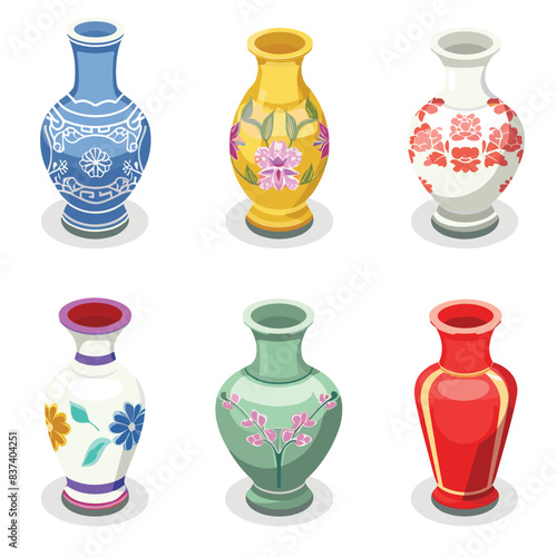 Six colorful vases illustrated cartoon style, vase features unique designs floral motifs different shapes. Vases come blue, yellow, white, purple, green, red colors isolated white background