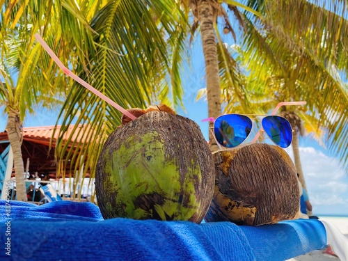 Coconut on the Beach, Summer Season, Tropical View Time, Fresh Fruits with Sunglasses and Palm Trees