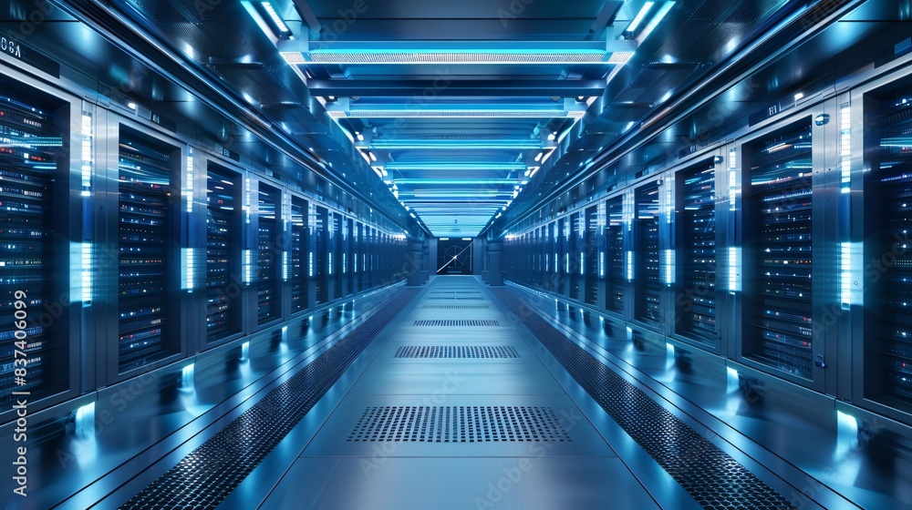 Data Center Corridor with Server Racks. High Internet Visualisation Projection, server technology datum network, web security Data Center Corridor with Server Racks. High Internet Visualisation Projection, server technology datum network, web security