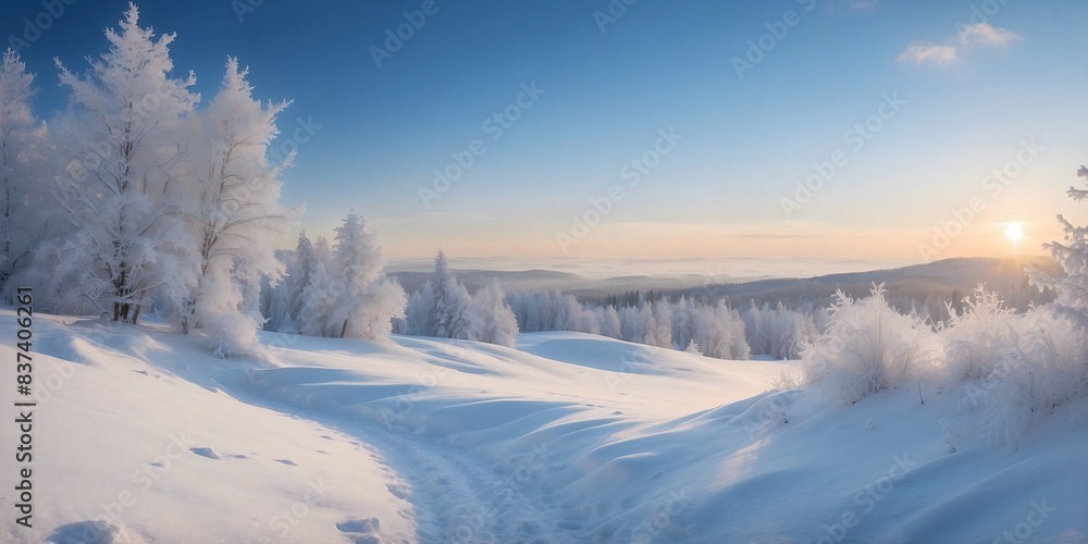 Winter snow background with snowdrifts, with beautiful light and snow flakes on the blue sky in the evening, banner format, copy space. Winter snow background with snowdrifts, with beautiful light and snow flakes on the blue sky in the evening, banner format, copy space.