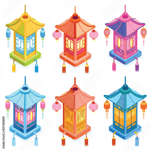 Six colorful Chinese lantern festival pavilions isometric design. Traditional Asian lanterns hanging around ornate pavilion structure. Vibrant hues, cultural architecture, festivity decoration
