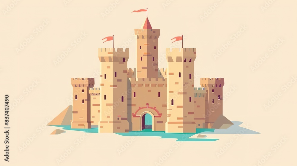 Cartoon illustration of a medieval castle with tall towers and a drawbridge. Cartoon illustration of a medieval castle with tall towers and a drawbridge.