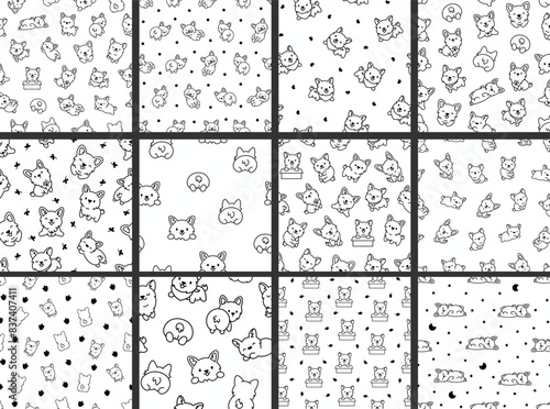 Cute kawaii corgi dog. Seamless pattern. Coloring Page. Funny puppy cartoon animal characters. Hand drawn style. Vector drawing. Collection of design ornaments.