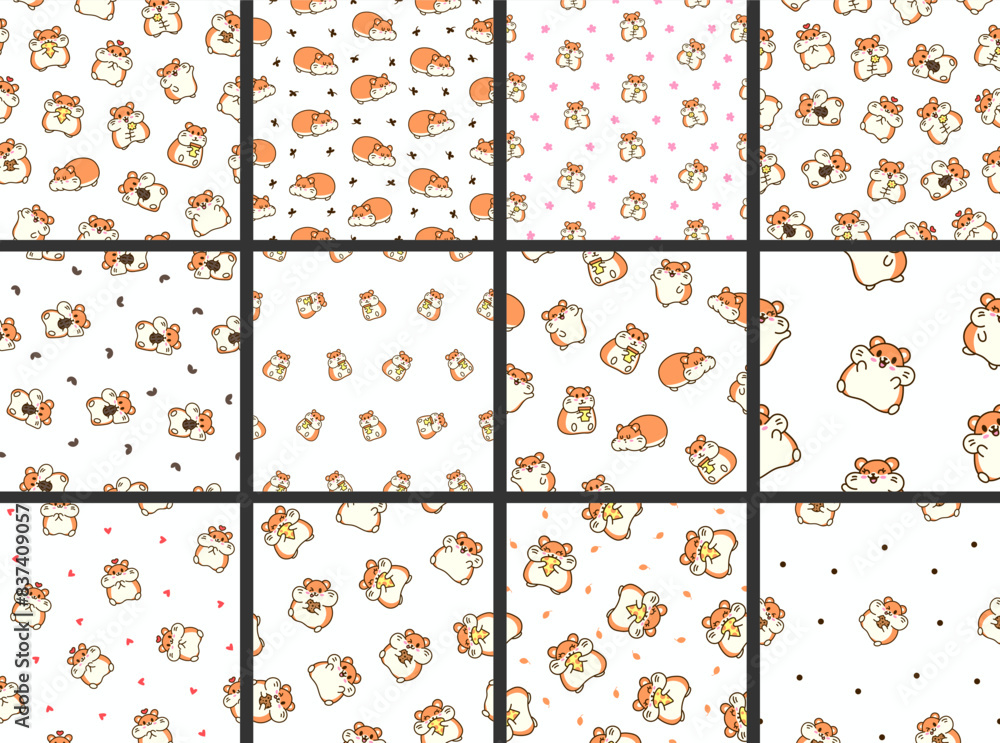 Cute kawaii hamster. Seamless pattern. Cartoon funny animals character. Hand drawn style. Vector drawing. Collection of design ornaments. Cute kawaii hamster. Seamless pattern. Cartoon funny animals character. Hand drawn style. Vector drawing. Collection of design ornaments.