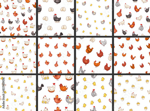 Hen rooster and chick. Seamless pattern. Cute chicken farm characters. Vector drawing. Collection of design ornaments.