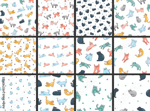 Cute funny cat. Seamless pattern. Kitten character cartoon. Vector drawing. Collection of design ornaments.