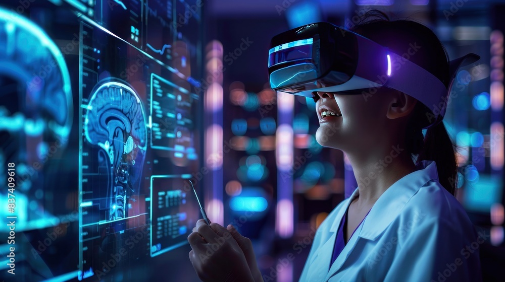 female dentist is using a virtual reality headset to view a dental x-ray female dentist is using a virtual reality headset to view a dental x-ray