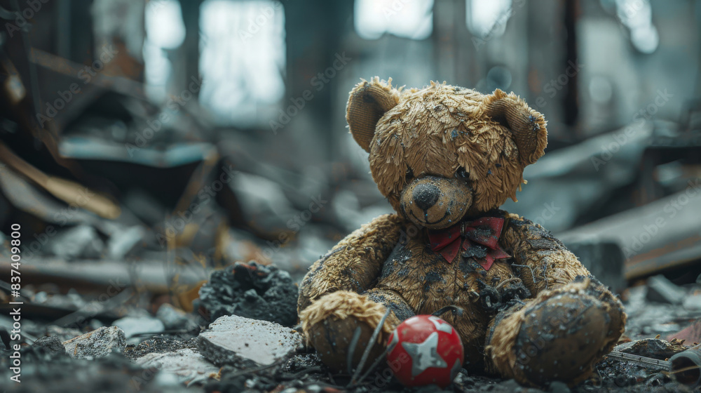 Bear Toy in Rubble of Bombed-Out Building. A bear toy lying in the rubble of a bombed-out building, representing the profound loss of innocence amid conflict. Emotional and poignant imagery. Bear Toy in Rubble of Bombed-Out Building. A bear toy lying in the rubble of a bombed-out building, representing the profound loss of innocence amid conflict. Emotional and poignant imagery.