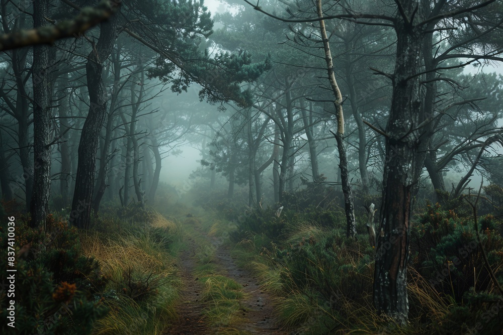 A foggy forest with a single path, invoking a sense of mystery and the need to preserve natural paths A foggy forest with a single path, invoking a sense of mystery and the need to preserve natural paths