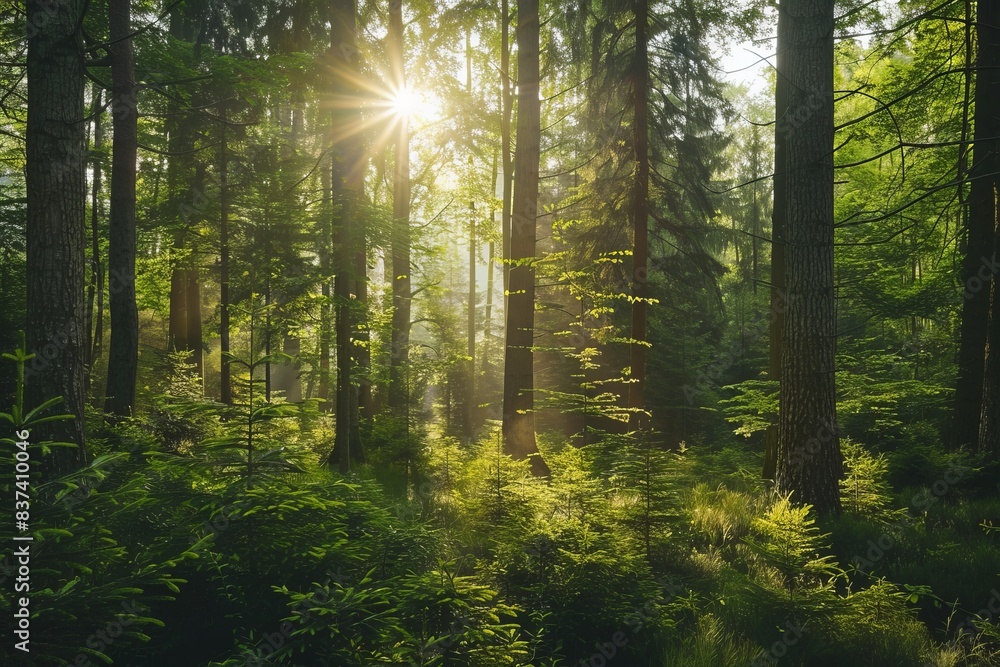 Fototapeta premium A lush forest with sunlight filtering through the trees, emphasizing the beauty and importance of nature preservation. 