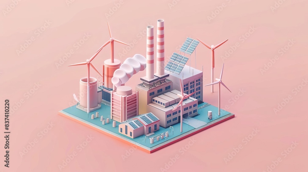 Fototapeta premium Isometric illustration of a city with renewable energy sources like wind turbines and solar panels.