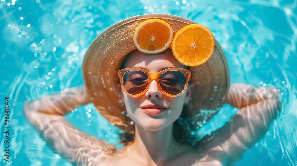 Naklejka premium Summer girl with eyeglasses , woman enjoying vacation at tropical beach