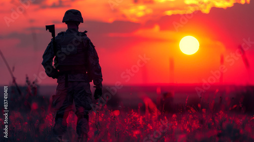 Soldier Standing Guard at Sunset. A soldier in uniform stands guard with a solemn expression, silhouetted against a dramatic sunset, symbolizing duty and dedication.