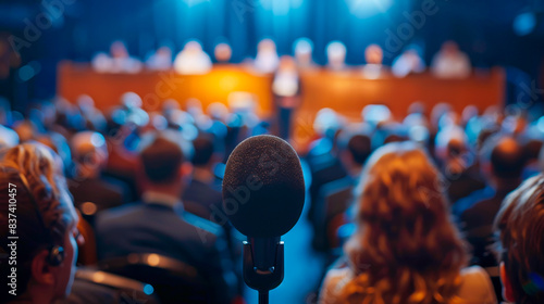 Town Hall Meeting with Candidates. Town hall meeting where candidates are answering questions from audience. Microphone is in foreground, with blurred attendees, panel of speakers in the background