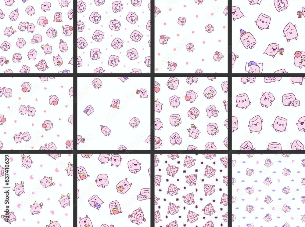 Cute marshmallow character. Seamless pattern. Cartoon sweet smiling dessert. Hand drawn style. Vector drawing. Collection of design ornaments. Cute marshmallow character. Seamless pattern. Cartoon sweet smiling dessert. Hand drawn style. Vector drawing. Collection of design ornaments.