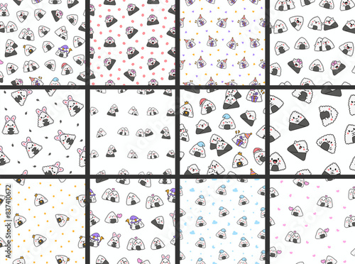 Cute kawaii onigiri. Seamless pattern. Funny sushi cartoon character. Asian rice and nori food. Hand drawn style. Vector drawing. Collection of design ornaments.