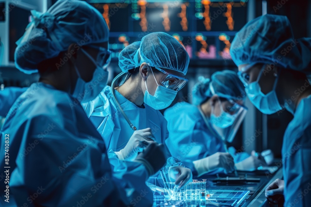 A group of Asian doctors in blue scrubs and masks, working together in laboratory A group of Asian doctors in blue scrubs and masks, working together in laboratory