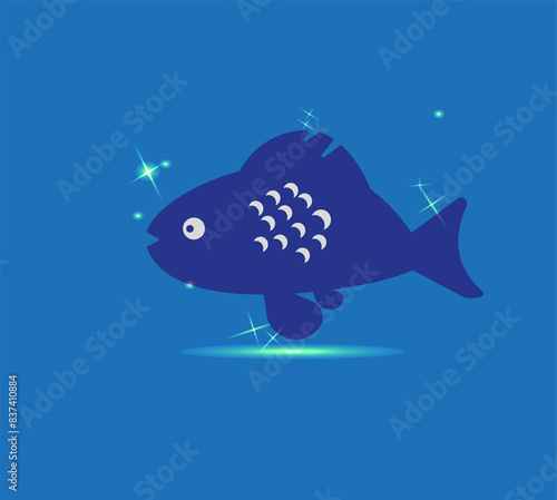 fich. Vector drawing of flat dlue fich on isolated background.  Flat design icon on blue backgraund. Cartoon. Sea fichin in water.