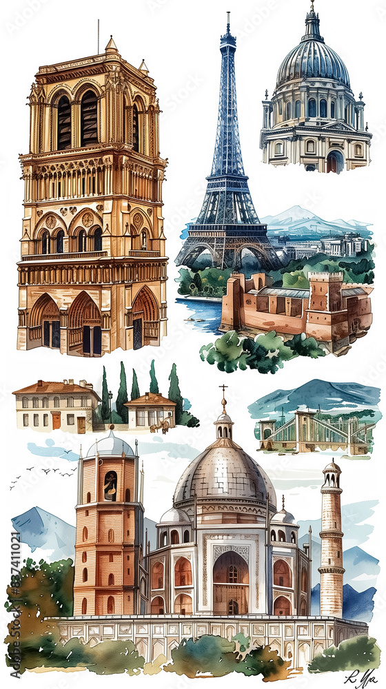 Fototapeta premium Famous monuments of the world , Travel Destination Posters , international holidays concept , travel locations