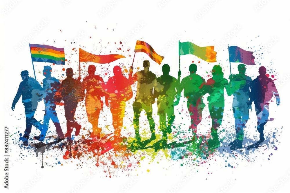 Silhouetted group marching with rainbow flags and paint splatter effect, symbolizing unity and activism, captured in a dynamic and artistic style Silhouetted group marching with rainbow flags and paint splatter effect, symbolizing unity and activism, captured in a dynamic and artistic style