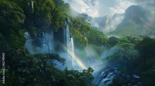 Tranquil Waterfall Oasis with Rainbow View